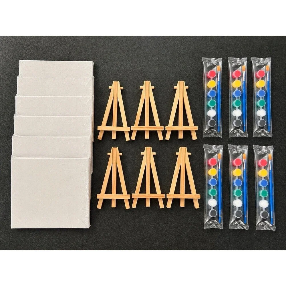 6 Sets Mini Acrylic Paint Kit - 6x6in Mini Canvas with Easel And Acrylic Paint